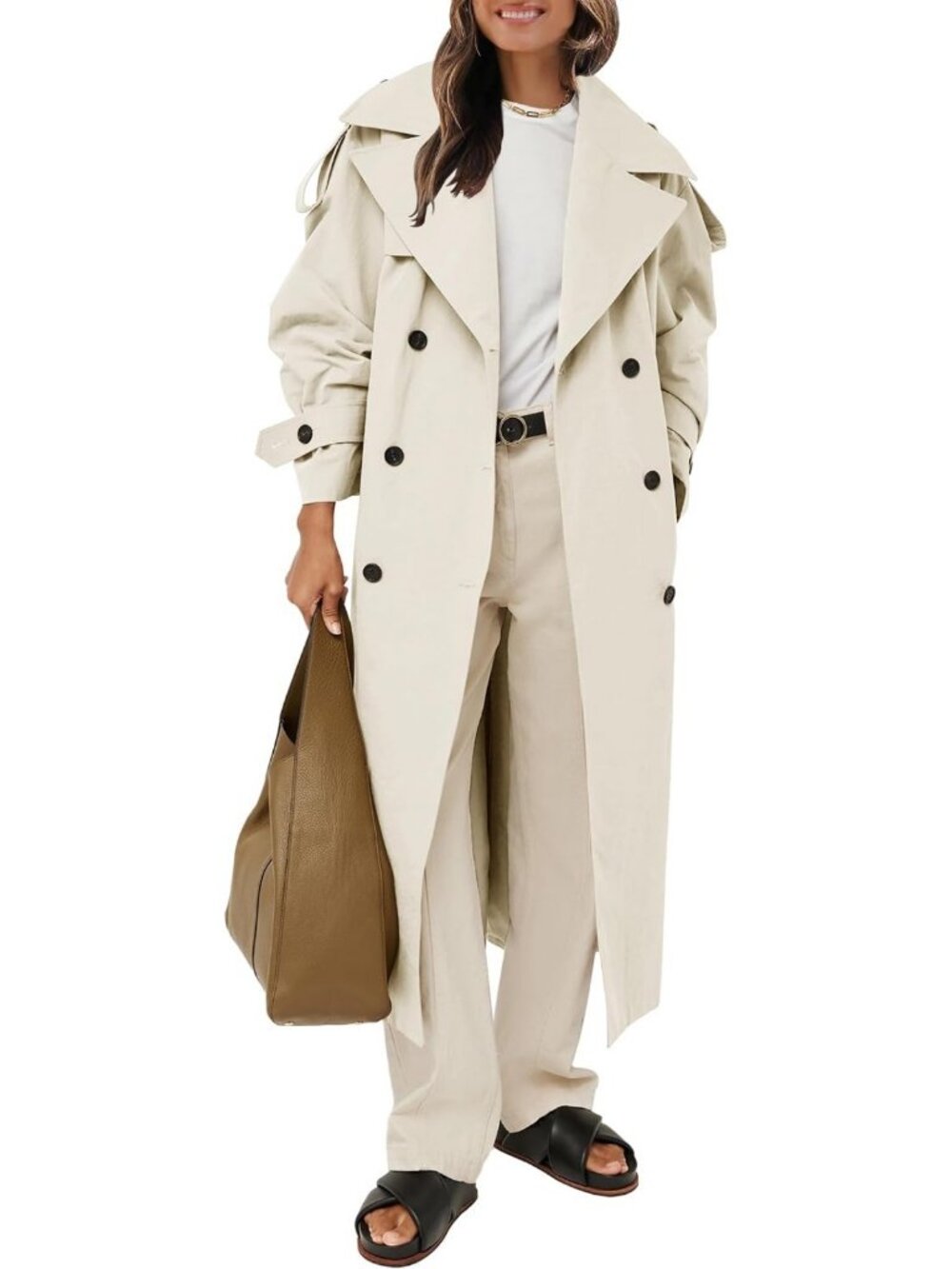 Oversized Long Trench Coat for Women - Double Breasted, Windproof, Stylish